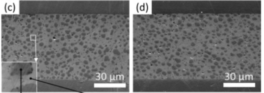 TLPS焊點(diǎn)SEM圖。(c)300℃加熱60s (d)300℃老化200h后